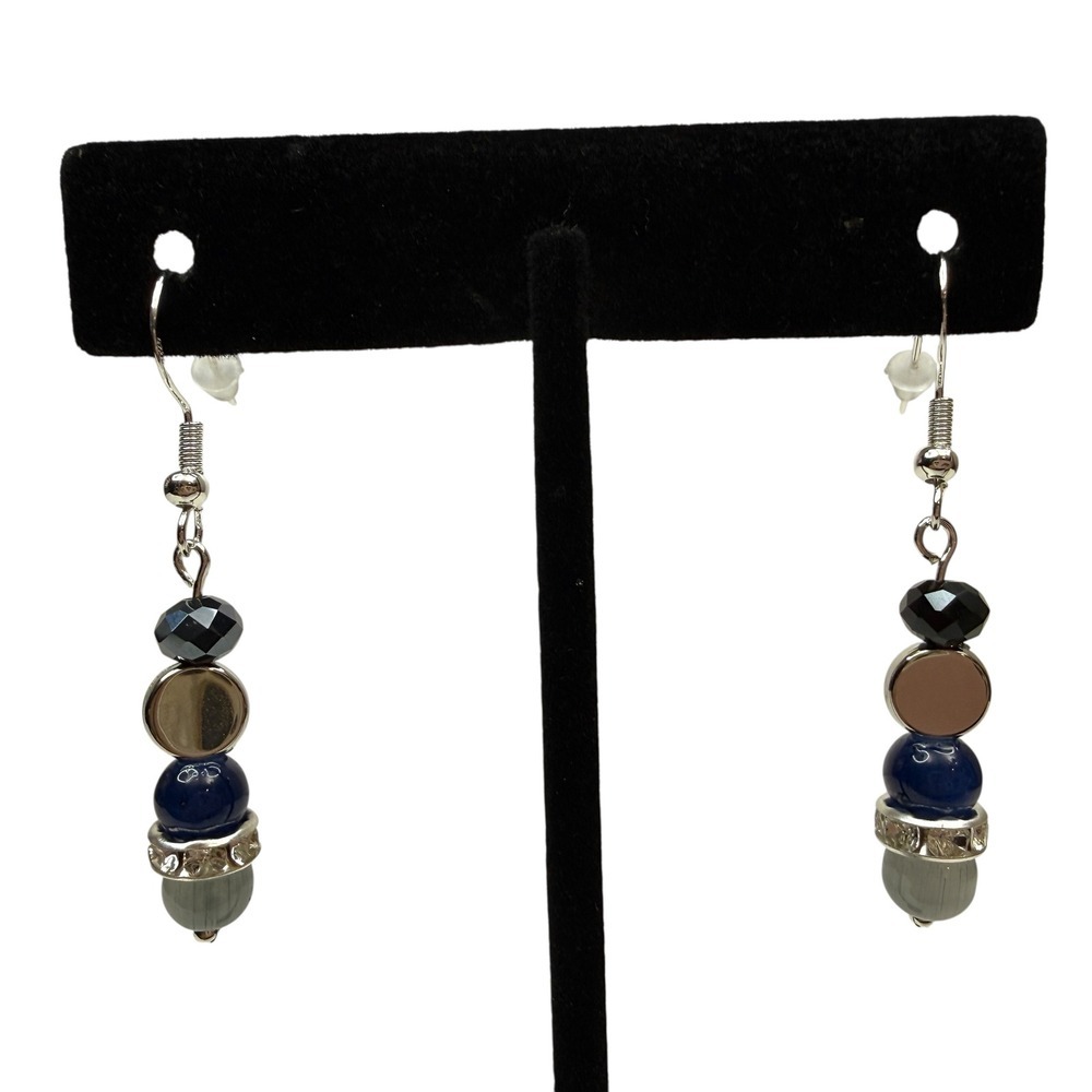 925 Sterling Silver Hook Dangle Drop Earrings Glass Beaded Blue Gray Jewelry 1.5